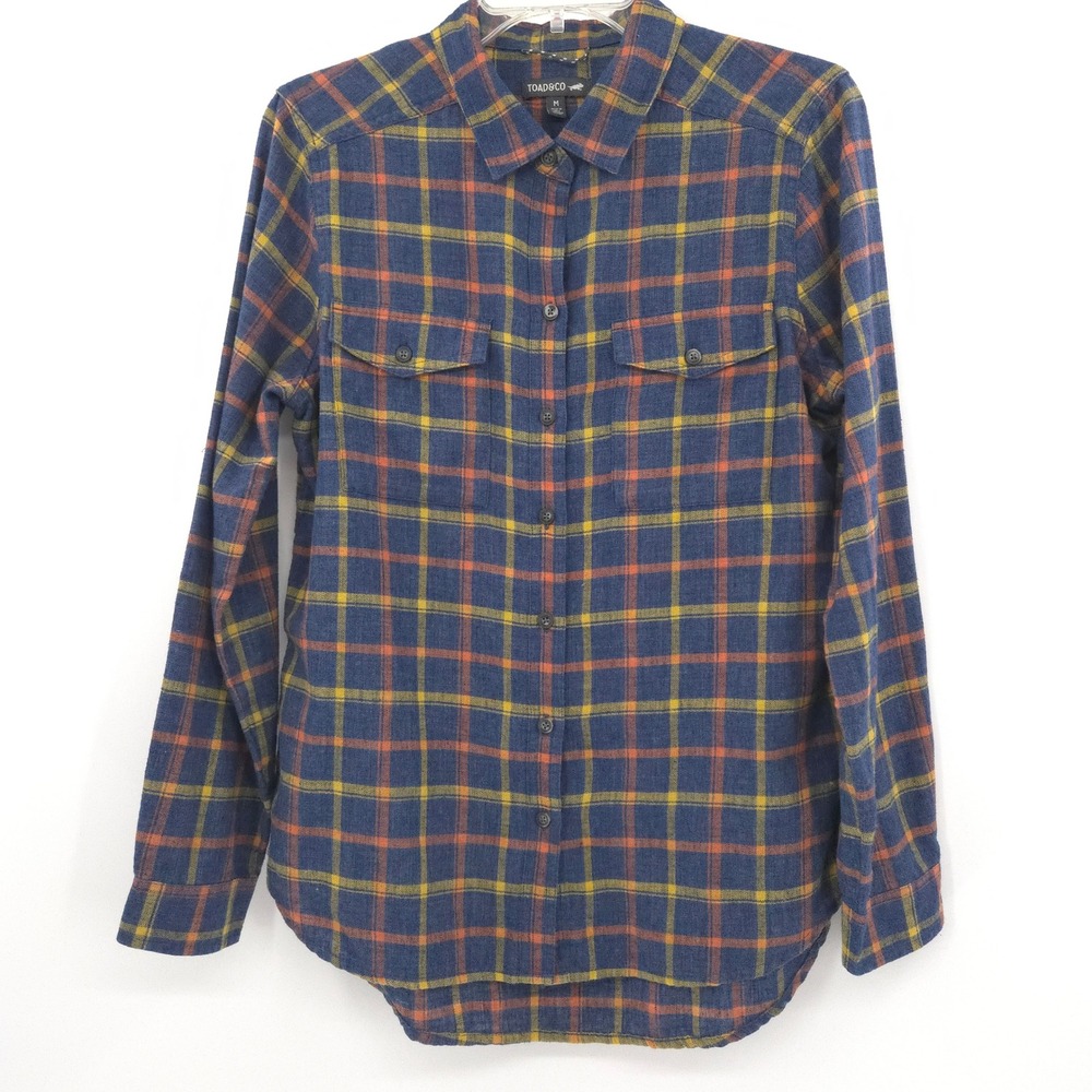 Toad&Co Flannel Shirt Women Medium Blue Plaid Long Sleeve Recycled Cotton Blend